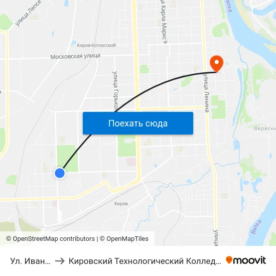 Ул. Ивана Попова to Кировский Технологический Колледж Пищевой Промышленности map