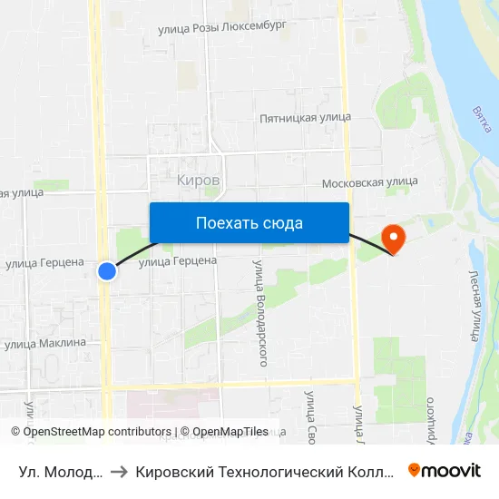 Ул. Молодой Гвардии to Кировский Технологический Колледж Пищевой Промышленности map