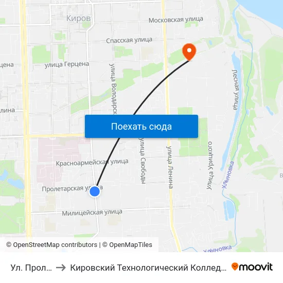 Ул. Пролетарская to Кировский Технологический Колледж Пищевой Промышленности map