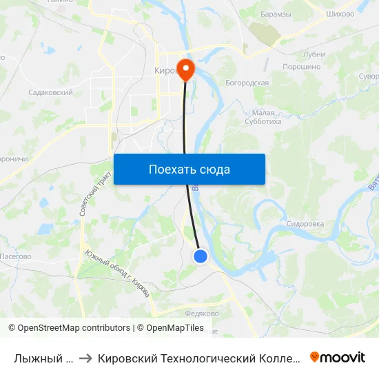 Лыжный Комбинат to Кировский Технологический Колледж Пищевой Промышленности map