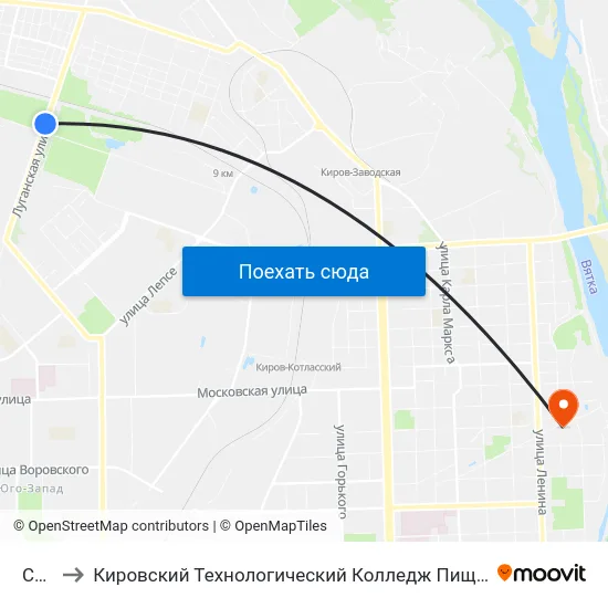 Сады to Кировский Технологический Колледж Пищевой Промышленности map