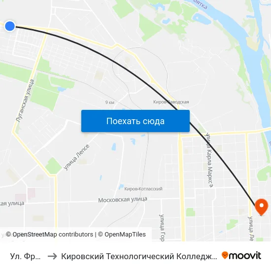 Ул. Фрезерная to Кировский Технологический Колледж Пищевой Промышленности map