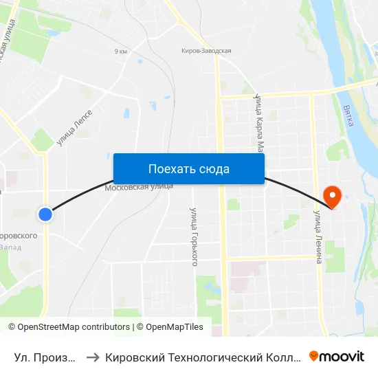 Ул. Производственная to Кировский Технологический Колледж Пищевой Промышленности map