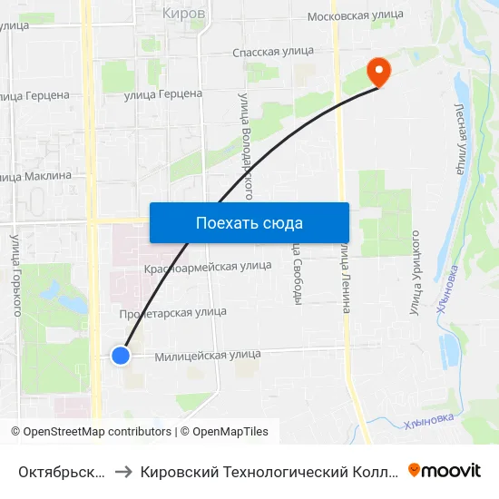 Октябрьский Проспект to Кировский Технологический Колледж Пищевой Промышленности map