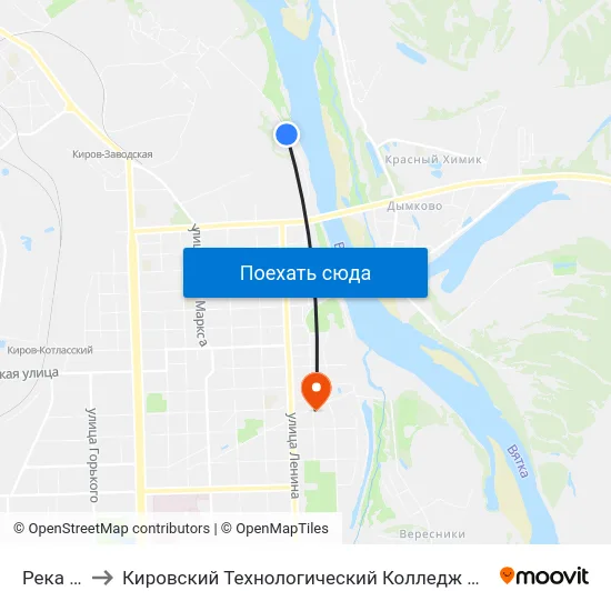 Река Вятка to Кировский Технологический Колледж Пищевой Промышленности map