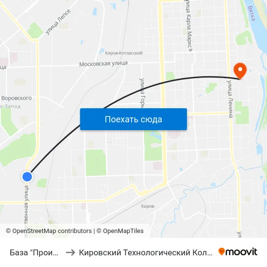 База "Производственная" to Кировский Технологический Колледж Пищевой Промышленности map