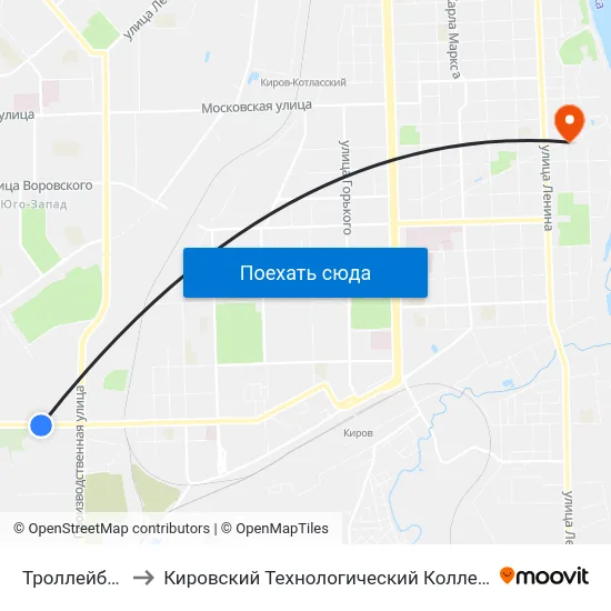 Троллейбусное Депо to Кировский Технологический Колледж Пищевой Промышленности map