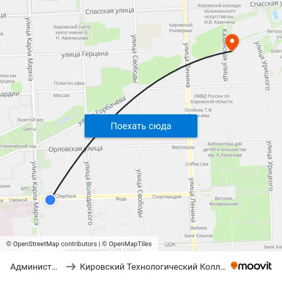 Администрация Города to Кировский Технологический Колледж Пищевой Промышленности map
