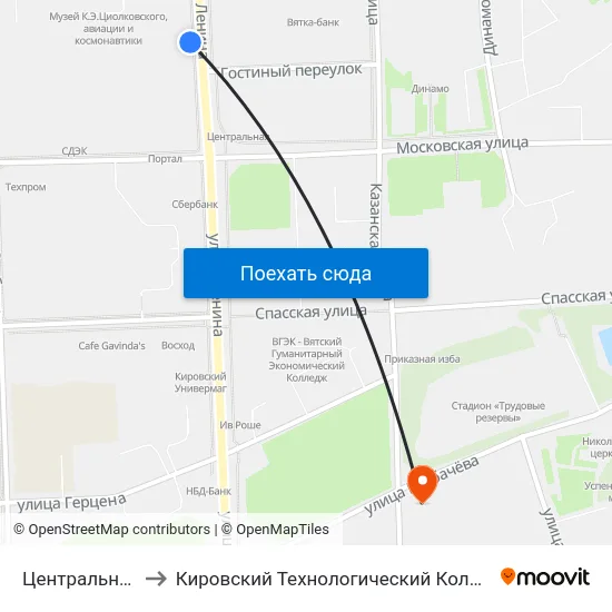 Центральная Гостиница to Кировский Технологический Колледж Пищевой Промышленности map