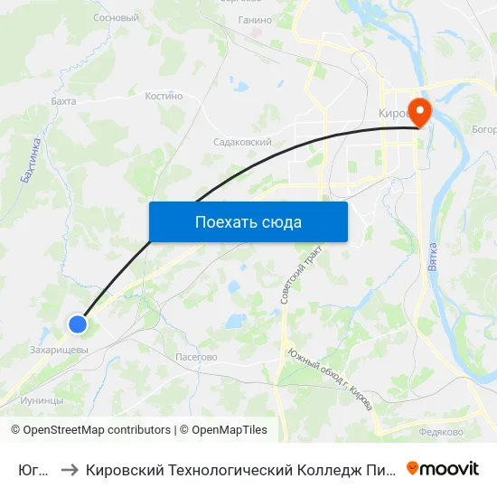 Югрино to Кировский Технологический Колледж Пищевой Промышленности map