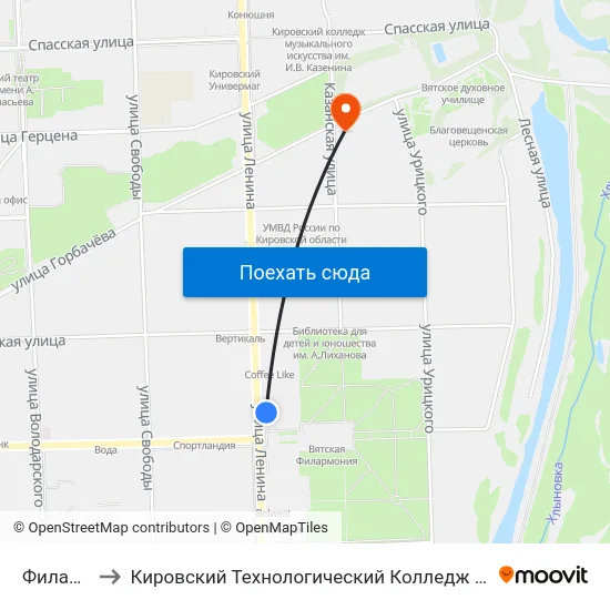 Филармония to Кировский Технологический Колледж Пищевой Промышленности map