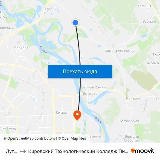 Луговая to Кировский Технологический Колледж Пищевой Промышленности map