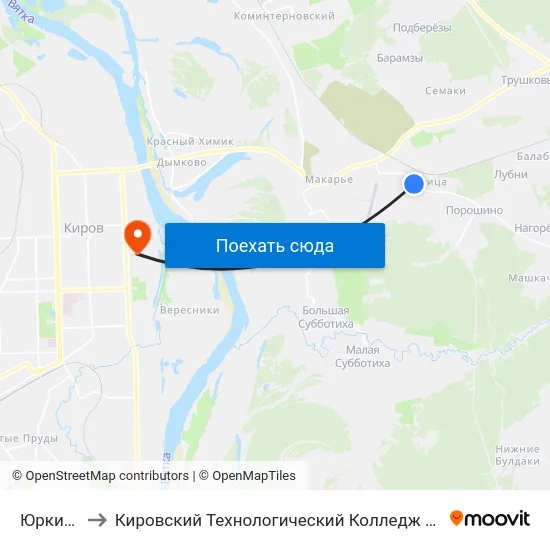 Юркин Парк to Кировский Технологический Колледж Пищевой Промышленности map