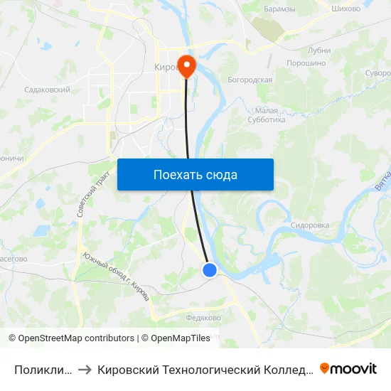 Поликлиника № 2 to Кировский Технологический Колледж Пищевой Промышленности map