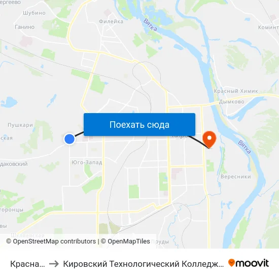 Красная Горка to Кировский Технологический Колледж Пищевой Промышленности map
