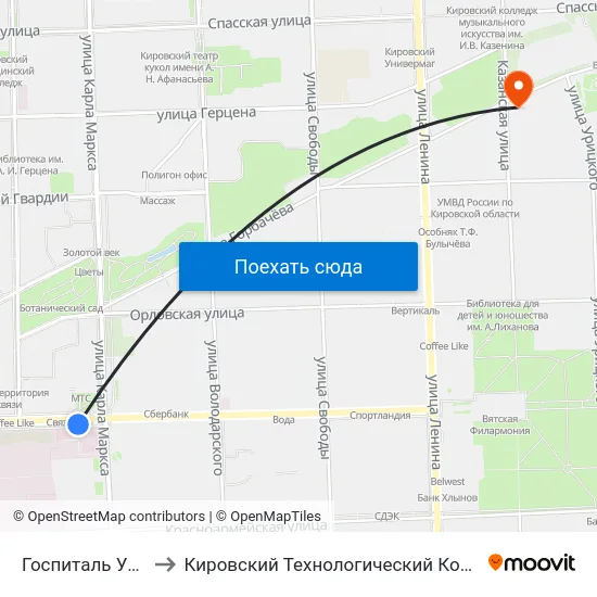 Госпиталь Участников Войн to Кировский Технологический Колледж Пищевой Промышленности map