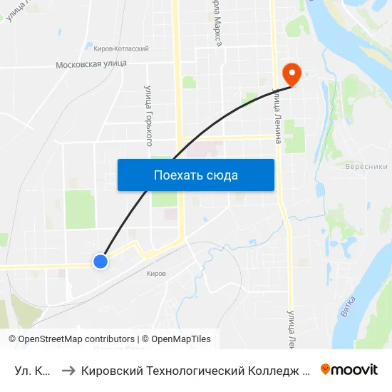 Ул. Красина to Кировский Технологический Колледж Пищевой Промышленности map