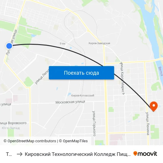 Тэц-4 to Кировский Технологический Колледж Пищевой Промышленности map