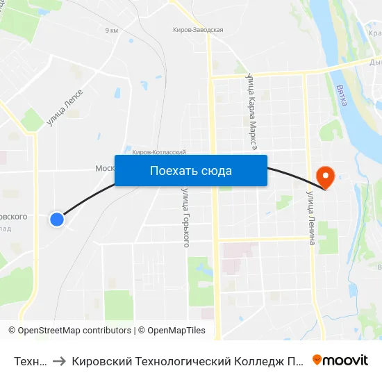Техникум to Кировский Технологический Колледж Пищевой Промышленности map