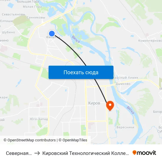 Северная Больница to Кировский Технологический Колледж Пищевой Промышленности map