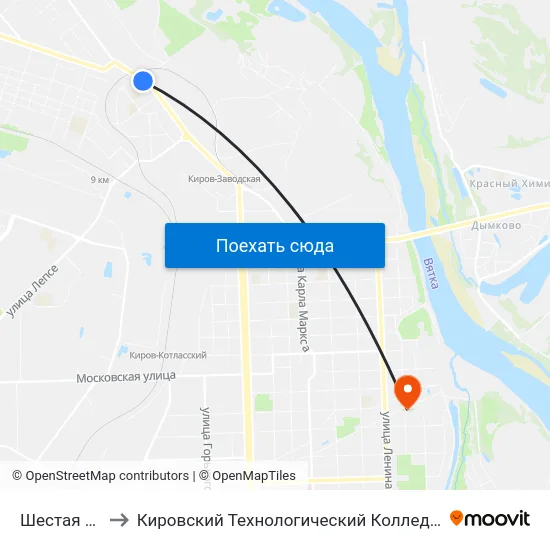 Шестая Больница to Кировский Технологический Колледж Пищевой Промышленности map