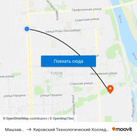 Машзавод 1 Мая to Кировский Технологический Колледж Пищевой Промышленности map