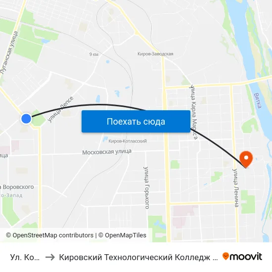 Ул. Кольцова to Кировский Технологический Колледж Пищевой Промышленности map