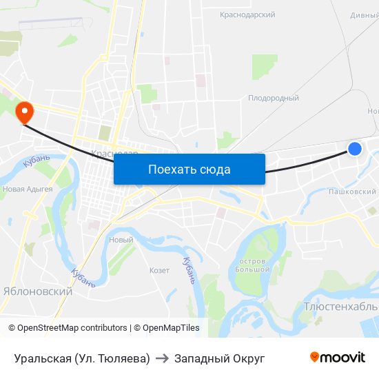 Уральская (Ул. Тюляева) to Западный Округ map