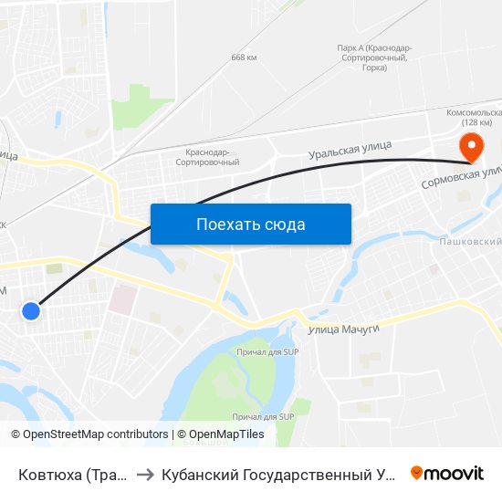 Ковтюха (Трамвай) to Кубанский Государственный Университет map