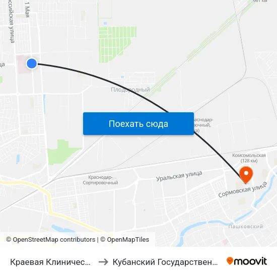 Краевая Клиническая Больница to Кубанский Государственный Университет map