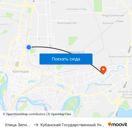 Улица Зиповская to Кубанский Государственный Университет map
