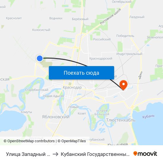 Улица Западный Обход, 34 to Кубанский Государственный Университет map