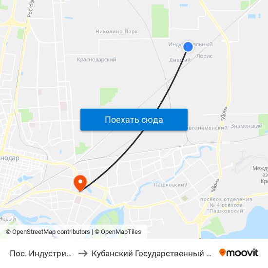 Пос. Индустриальный to Кубанский Государственный Университет map