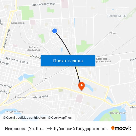 Некрасова (Ул. Красных Зорь) to Кубанский Государственный Университет map