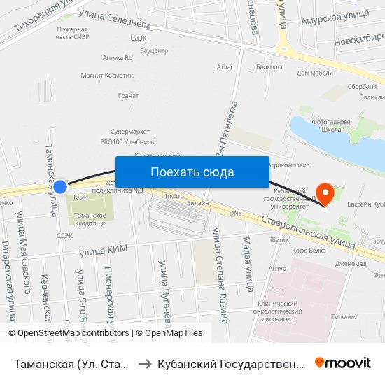 Таманская (Ул. Ставропольская) to Кубанский Государственный Университет map