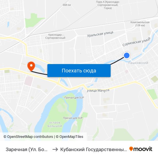 Заречная (Ул. Бородинская) to Кубанский Государственный Университет map