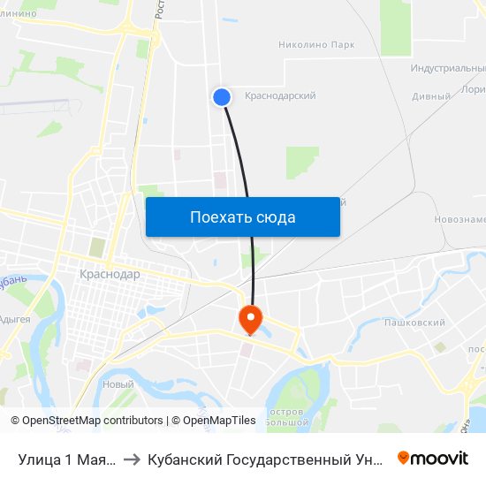 Улица 1 Мая, 381 to Кубанский Государственный Университет map