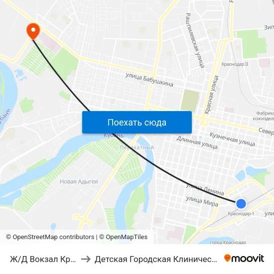 Ж/Д Вокзал Краснодар-1 to Детская Городская Клиническая Больница №1 map