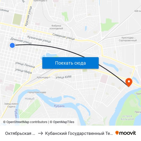 Октябрьская (Ул. Горького) to Кубанский Государственный Технологический Университет map