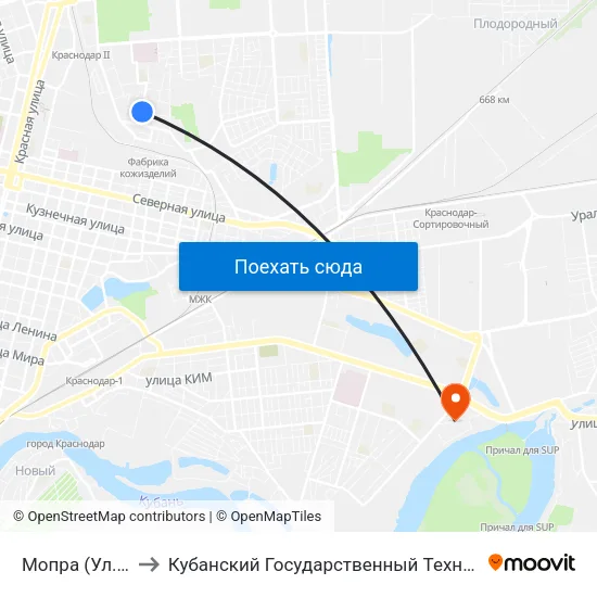 Мопра (Ул. Садовая) to Кубанский Государственный Технологический Университет map