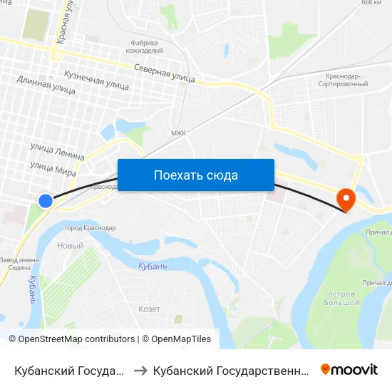 Кубанский Государственный Университет to Кубанский Государственный Технологический Университет map