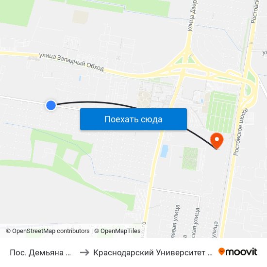 Пос. Демьяна Бедного to Краснодарский Университет Мвд России map