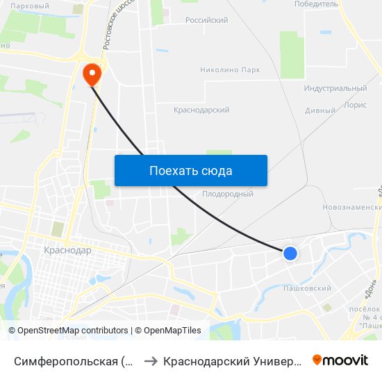 Симферопольская (Ул. Просторная) to Краснодарский Университет Мвд России map