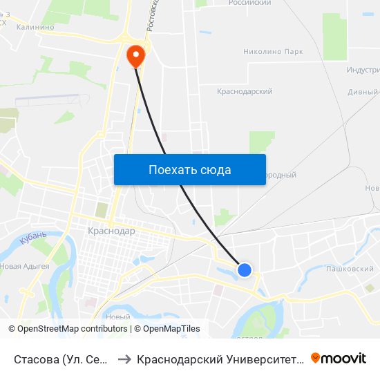 Стасова (Ул. Селезнёва) to Краснодарский Университет Мвд России map