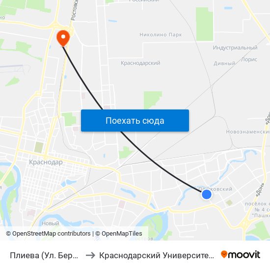 Плиева (Ул. Бершанской) to Краснодарский Университет Мвд России map