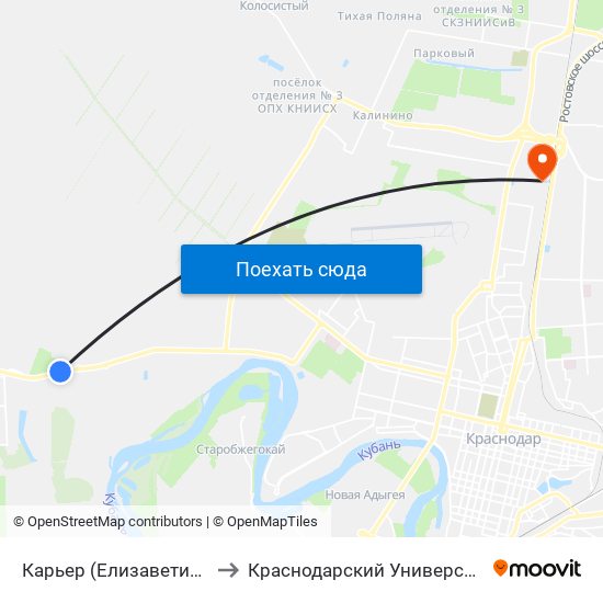 Карьер (Елизаветинское Шоссе) to Краснодарский Университет Мвд России map