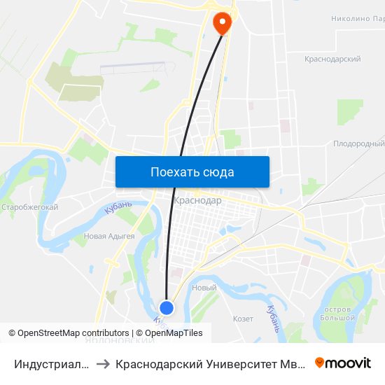 Индустриальная to Краснодарский Университет Мвд России map