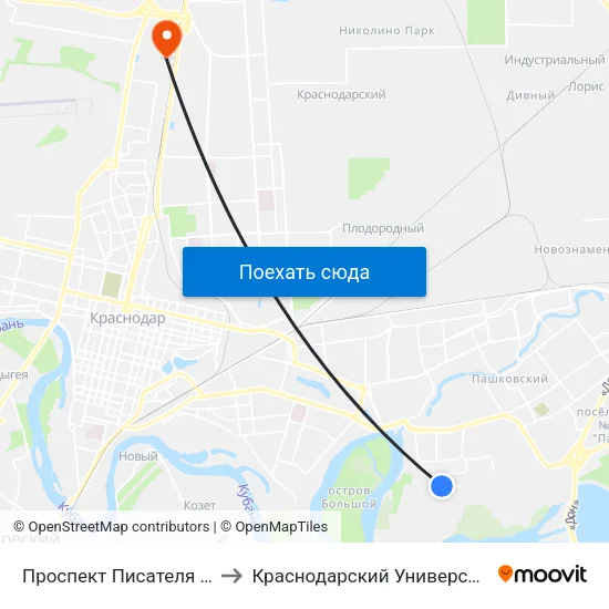Проспект Писателя Знаменского to Краснодарский Университет Мвд России map