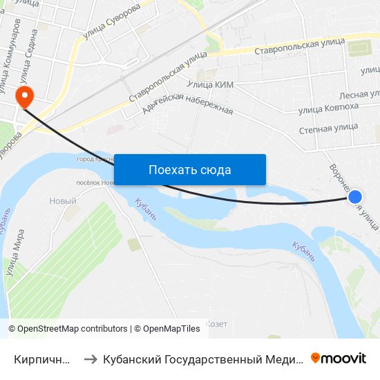 Кирпичный Завод to Кубанский Государственный Медицинский Университет map