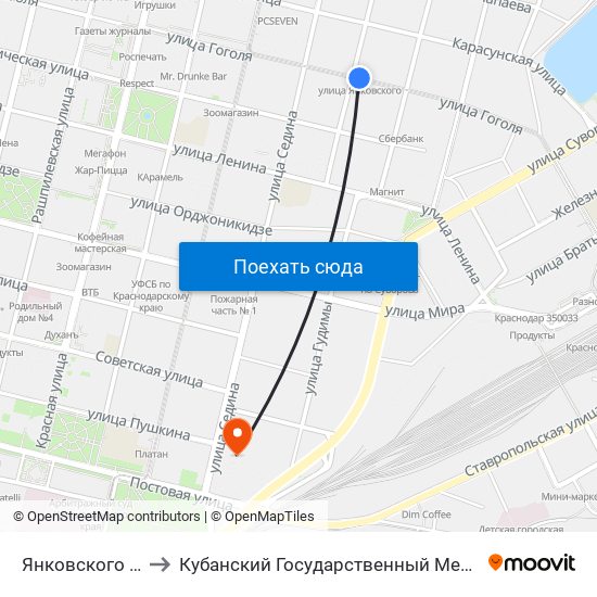 Янковского (Трамвай) to Кубанский Государственный Медицинский Университет map